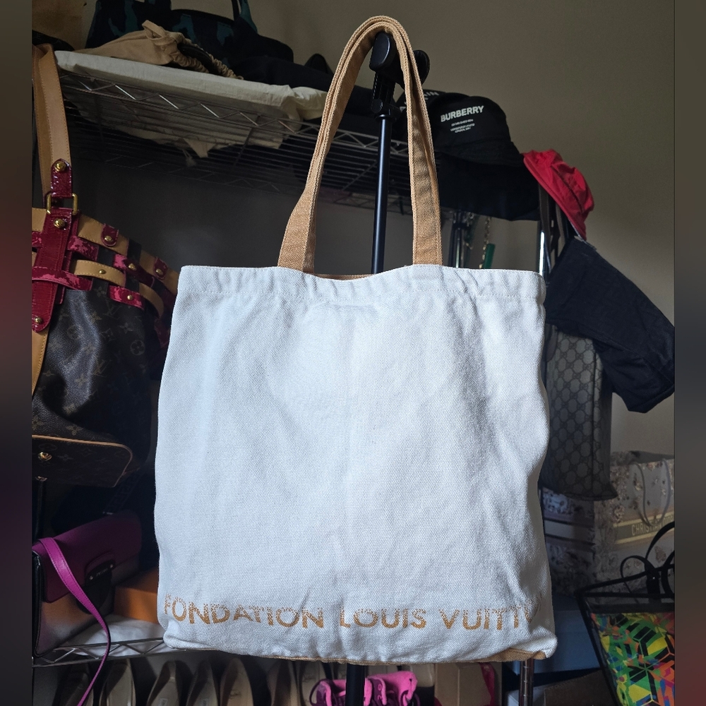 Authentic Louis Vuitton White and Tan Cotton Tote Bag